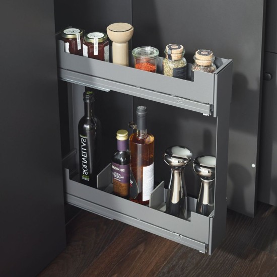 Изтегляща кошница Pinello Inside Spice, за долен ред шкафове, модул 150, дизайн LIRO, комплект с ляво разположени плъзгачи Grass Nova Pro 500, цвят бял
