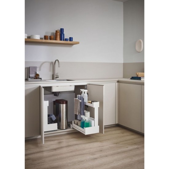 Изтегляща кошница с държач за кърпи Pinello Inside 300 Towel, за долен ред шкафове, модул 300 Десен, дизайн LIRO, комплект плъзгачи Grass Nova Pro 500, цвят бял