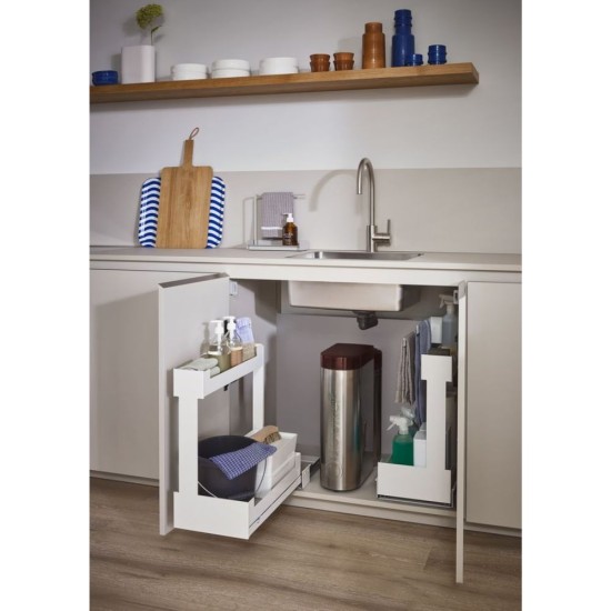 Изтегляща кошница Pinello Inside 300 Sink, за долен ред шкафове, модул 300 Ляв, дизайн LIRO, комплект плъзгачи Grass Nova Pro 500, цвят бял